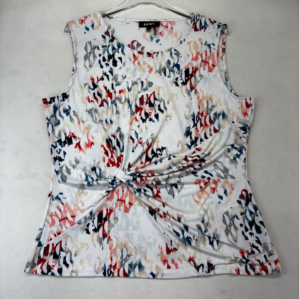 DKNY Sleeveless Top Women XL White Multi Abstract Twist Front Knot Blouse